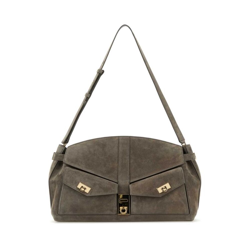 Salvatore Ferragamo Women Grey Suede Shoulder Bag